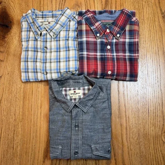 Lot of 3 Woolrich Short Sleeve Button Up Shirts Men's Large Heather Gray Plaid - Picture 1 of 11